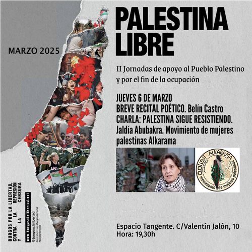 6 marzo breve recital poetico. Charla: Palestina sigue resistiendo. 19.30h