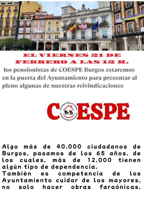 viernes 21 de febrero a las 12h pensionistas de COESPE a la puerta del Ayuntamiento para presentar reivindicaciones